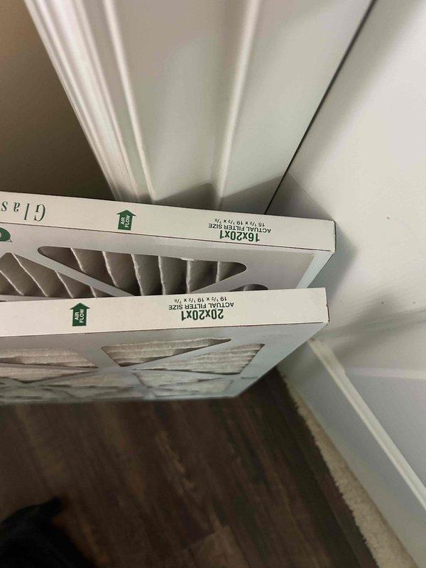 Completed annual Care Plan maintenance tune-up on AC and gas furnace equipment located in attic accessed via garage spring stairs. Replaced air filters per plan specifications: one 20x20x1 and one 16x20x1 filter installed at return air vents. Performed standard system inspection, verified proper operation of both heating and cooling components, and documented equipment condition with photos.