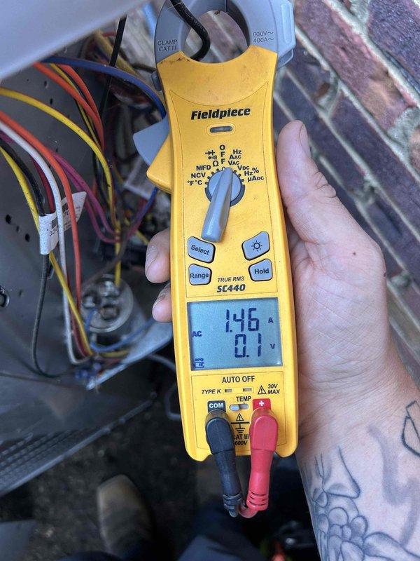 Completed comprehensive maintenance on Club Trio system consisting of three heat pumps, three air handlers, and two humidifiers, all located in basement. Performed full tune-up procedures on all units including electrical testing and voltage verification using calibrated test equipment, with readings confirming proper amperage draw of 14.6A and voltage at 4.976V on system components. Replaced Lennox HCWB3-17 humidifier pads and installed three Goodman-specific 20x25x5 filters (AMP-M81056) as needed across all air handlers.