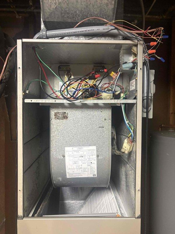 Completed annual care plan maintenance on single-zone HVAC system consisting of one heat pump and one air handler. Performed comprehensive tune-up including inspection of electrical components, contactors, relays, and capacitor at outdoor unit, verified all wire connections and terminals were secure, replaced 16x20x1 air filter at indoor air handler, inspected blower motor and housing, examined refrigerant lines and control wiring harness, and documented equipment condition with photos of electrical panel and furnace interior components.