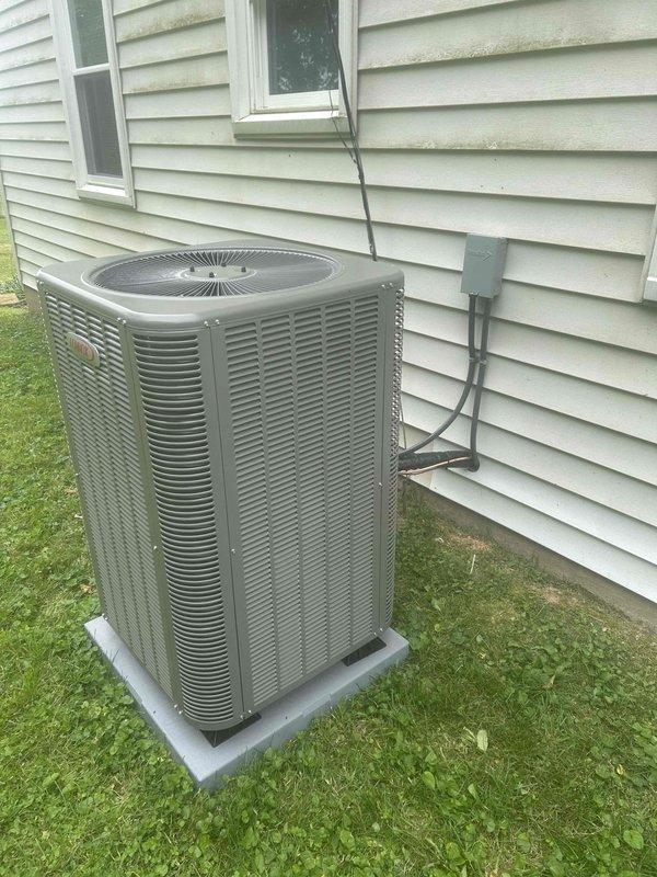Completed full residential dual fuel system installation including Lennox ML196UH045XE36B 96% efficiency 45,000 BTU gas furnace, Lennox ML14KP1-024-230 14.7 SEER2 2-ton heat pump condenser unit, and Lennox CK40HT-24B-71 2-ton evaporator coil. Installed complete duct system throughout basement area, new refrigerant line set, furnace venting system, condensate pump, digital dual fuel thermostat, and dedicated electrical circuit with exterior disconnect for outdoor unit positioned on concrete pad. Removed and disposed of existing equipment, obtained all applicable permits, and completed installation in compliance with local building codes, providing 1-year labor warranty, 10-year parts warranty, lifetime heat exchanger warranty, and complimentary 1-year maintenance plan enrollment.