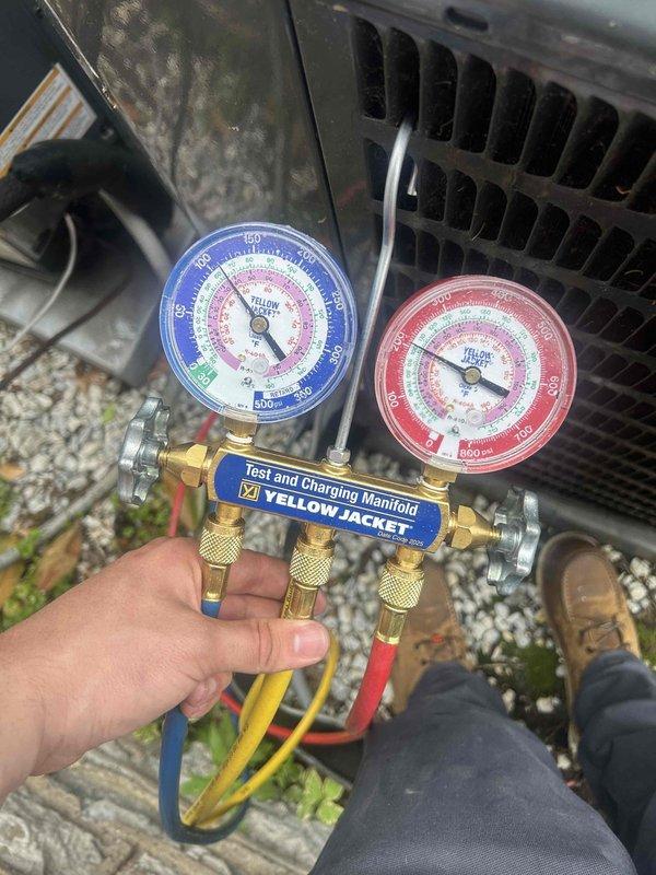 Completed Gold Level prepaid maintenance on dual-system residential HVAC installation with AC units and gas furnaces located in attic and basement. Performed comprehensive system diagnostics including differential pressure measurements using manometer, which indicated 35.7 inches of water column, and refrigerant pressure testing with manifold gauges on outdoor condensing units. Customer provided 16x25x4 air filters for both systems during service visit.