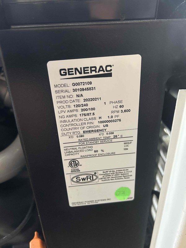 Completed scheduled maintenance on Generac generator model G0072109, serial number 3010945831. Unit displayed 190.8 run hours on the Evolution 2.0 controller at time of service. Performed standard preventive maintenance procedures including visual inspection of all external components, verification of control panel functionality, and documentation of unit specifications. Generator is rated for emergency duty at 120/240 volts with rainproof enclosure, manufactured February 2022. All systems operational and controller responding properly to inputs.