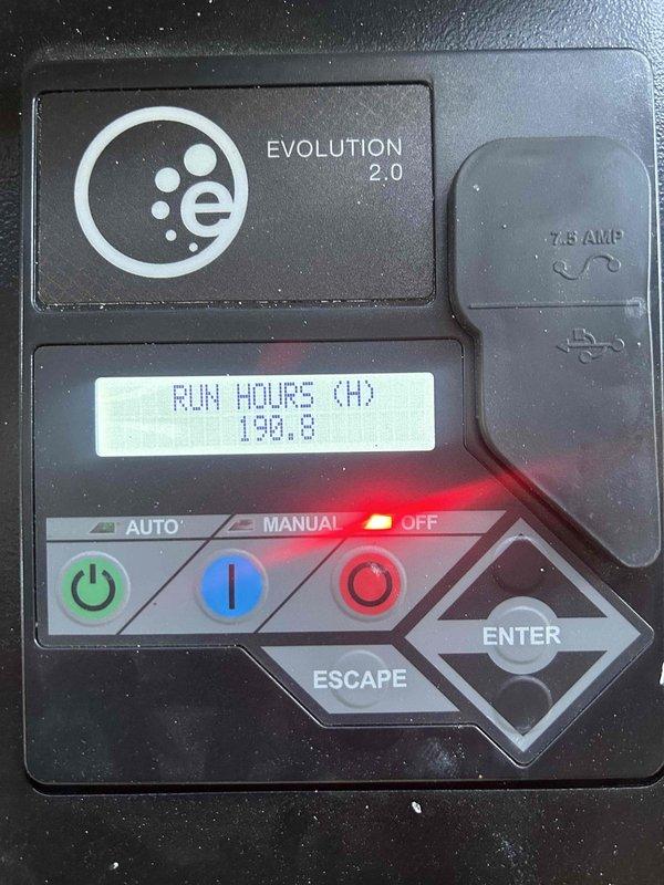 Completed scheduled maintenance on Generac generator model G0072109, serial number 3010945831. Unit displayed 190.8 run hours on the Evolution 2.0 controller at time of service. Performed standard preventive maintenance procedures including visual inspection of all external components, verification of control panel functionality, and documentation of unit specifications. Generator is rated for emergency duty at 120/240 volts with rainproof enclosure, manufactured February 2022. All systems operational and controller responding properly to inputs.
