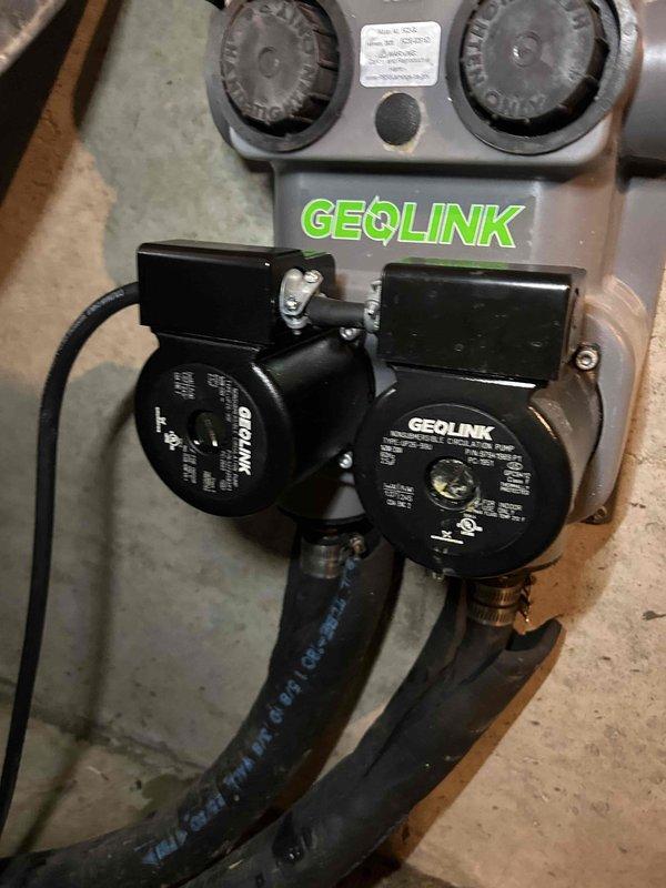 Replaced failed circulator pump on GEOLINK dual-pump flow center serving geothermal heating system. Performed pressure testing of system components using calibrated gauges to verify proper operating pressures and confirm system integrity after pump replacement.