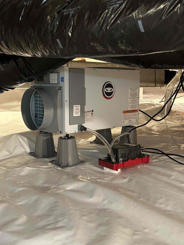 Completed Care Plan Tune Up on geothermal HVAC system with indoor unit located in crawlspace. Performed comprehensive maintenance inspection and filter replacement using 18x20x2 and 20x24x2 filters as part of fall service protocol. Inspected and evaluated recently added crawlspace dehumidifier unit, which is elevated on plastic stand supports with condensate pump connection. Examined evaporator coil condition, verified proper fin alignment and cleanliness, and checked electrical connections. All wiring connections were secure with proper color coding observed. Provided estimate for dryer vent cleaning service as requested for future scheduling.