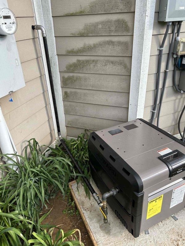 Completed installation of new propane gas line for pool heater by tapping into existing 3/4-inch gas line, upsizing to 1-inch, and running approximately 30 feet of new pipe through exterior wall to customer-provided pool heater. Hard-piped gas connection to heater unit with 3/4-inch sediment trap and shut-off valve installed immediately upstream of appliance. Verified all connections for gas leaks prior to completion; no leaks detected on newly installed gas line system.