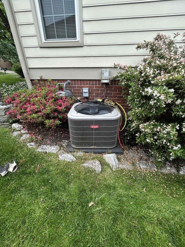 Completed annual care plan tune-up on Bryant air conditioning system and gas furnace located in basement. Performed comprehensive inspection of outdoor condensing unit and indoor air handler, verified proper operation of Honeywell ProSeries thermostat, checked refrigerant lines and electrical connections, and documented equipment condition with photos per maintenance agreement requirements.