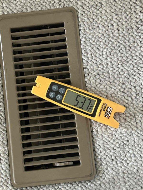 Completed preventative maintenance tune-up on two HVAC systems as part of Club Duo care plan service. Serviced air conditioning unit and gas furnace located in attic, along with second system in basement. Inspected air handler, ductwork, and ventilation components in attic installation. Verified proper airflow and system operation, recording temperature readings of 57.2°F at floor register. Noted filter size requirement of 16x25x1 for both systems.