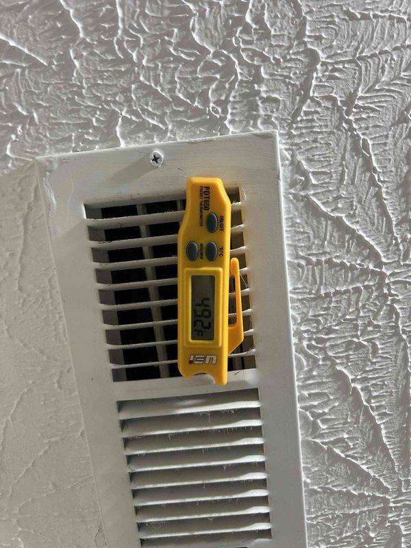 Completed comprehensive Care Plan tune-up service on heat pump and air handler system. Performed system diagnostics with temperature differential measurements at supply register showing 25.5°F reading, verified proper airflow through supply vents, and confirmed thermostat operation with ProSeries unit displaying accurate temperature readings and responding appropriately to setpoint adjustments.