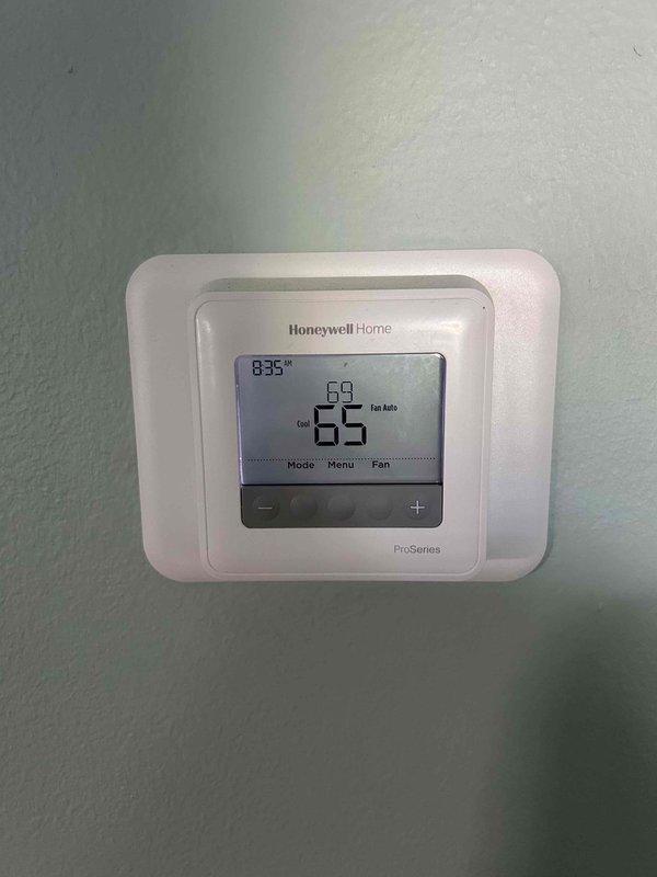 Completed comprehensive Care Plan tune-up service on heat pump and air handler system. Performed system diagnostics with temperature differential measurements at supply register showing 25.5°F reading, verified proper airflow through supply vents, and confirmed thermostat operation with ProSeries unit displaying accurate temperature readings and responding appropriately to setpoint adjustments.