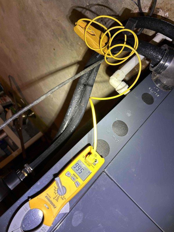 Completed comprehensive Care Plan maintenance on Trane geothermal air handler unit. Performed system diagnostics and measurements, recording operating temperature of 59.5°F, inspected refrigerant lines and insulation for proper condition, verified electrical connections and conduit integrity, and documented equipment condition through detailed photography. All components found operating within normal parameters with no immediate service needs identified.