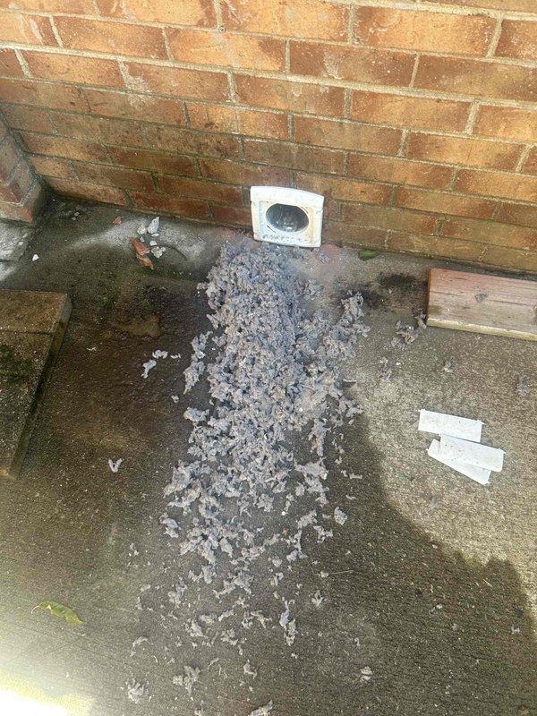 Performed complete dryer vent cleaning service, removing significant accumulation of lint buildup from the exhaust system. Extracted large volume of compacted lint material that had created a blockage hazard, improving airflow and reducing fire risk. Installed new white plastic louvered vent cap with secure mounting to replace the existing deteriorated cover, ensuring proper exterior termination and protection against weather intrusion and pest entry.