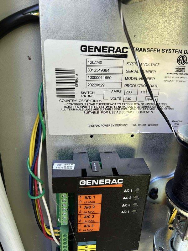 Completed comprehensive preventive maintenance on Generac Evolution 2.0 air-cooled standby generator (Model G0072101, Serial 3012281620) with 48.1 run hours displayed on control panel. Performed full system inspection including physical unit condition assessment, fuel system verification, battery load testing, and high/low voltage electrical connection testing. Replaced spark plugs, air filter, and oil filter per manufacturer specifications. Inspected generator enclosure interior and exterior for debris, wear, and proper ventilation. Verified transfer system operation (Model 10000011659, Serial 3012349664) rated at 200 amps, 240 volts with all four AC circuit modules functioning correctly. Conducted complete system test in both manual and automatic modes under load to confirm proper operation and seamless transfer capability. All components operating within normal parameters upon completion.