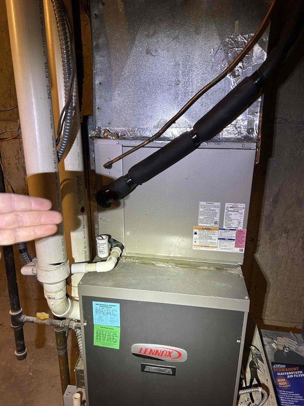 Performed capacitor replacements on multiple HVAC units and installed air filter. Replaced dual-run capacitor rated at 30/7.5 MFD on Unit 2 and 40/5 MFD capacitor on Unit 3. Installed 16x25x4 air filter on Unit 3. Verified system operation on Lennox furnace and air handler, confirmed proper heating mode functionality and thermostat communication showing system running status at set temperature.