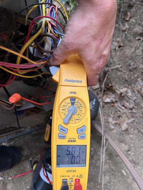 Completed Gold Level preventive maintenance on single-zone heat pump and air handler system. Inspected air handler interior and ductwork, confirming insulation integrity and proper system cleanliness. Performed electrical diagnostics using clamp meter to verify capacitor readings and system performance, with measurements indicating 5.8 MFD. Customer provided filters for replacement, and UV bulb condition was assessed per maintenance protocol.