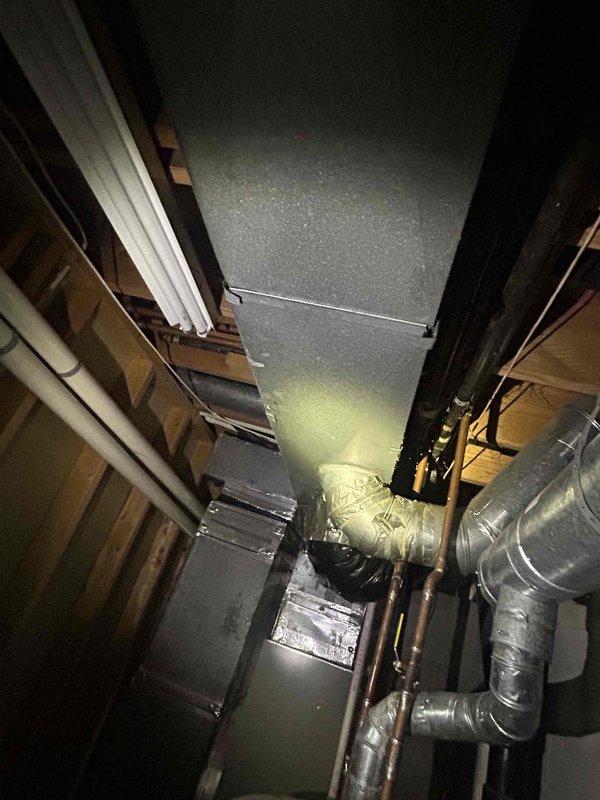 Returned to property to assess water line repair needs and provide estimate for new gas line installation. Accessed utility space and mechanical areas to evaluate existing piping infrastructure and determine optimal routing for proposed gas line. Documented conditions of confined work area including HVAC ductwork, structural framing, and available pathways for new pipe installation. Completed visual inspection of ceiling space and mechanical chase to identify connection points and clearance requirements for gas line run.