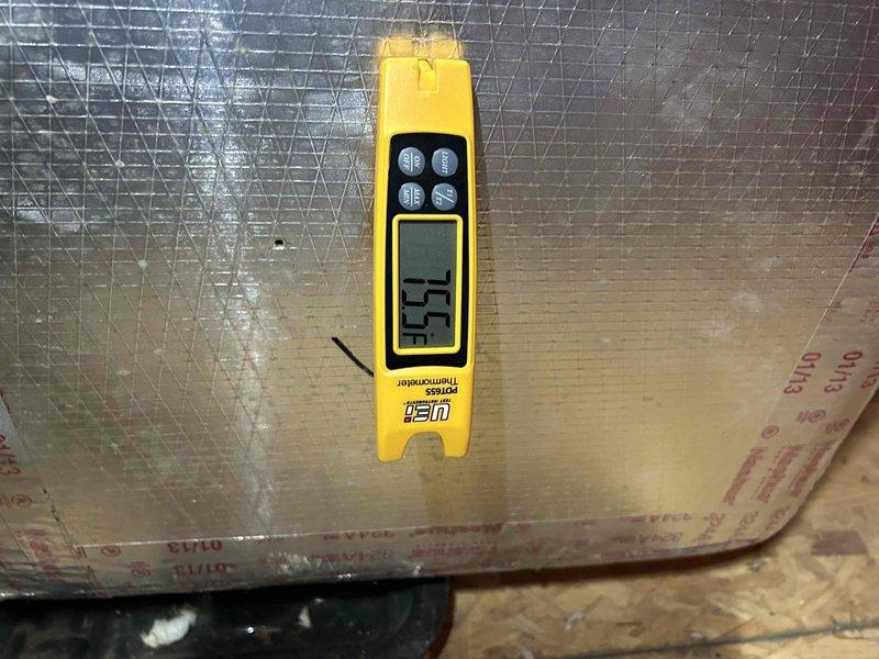 Responded to callback for AC system not cooling adequately, with unit failing to maintain 66°F setpoint and indoor temperature reaching 75°F. Upon inspection, measured supply air temperature at 55.5°F and return air temperature at 77.0°F at the air handler. Documented temperature differential and system performance with diagnostic equipment. Verified proper airflow across evaporator coil and checked for potential refrigerant or airflow issues affecting cooling capacity.