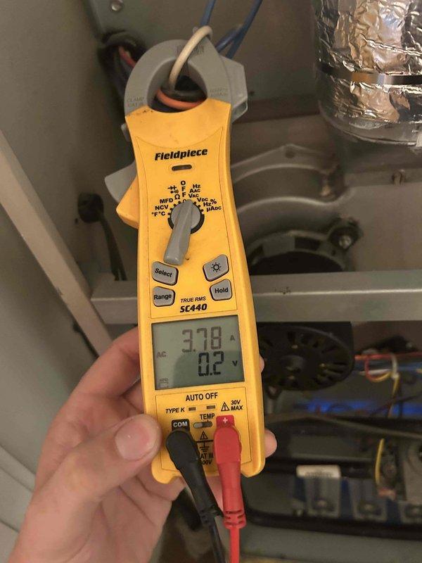 Performed comprehensive club maintenance on single gas furnace and air conditioning system located in hallway closet. Conducted thorough inspection of blower motor assembly, measuring amp draw at 37.8A and verifying proper electrical operation using clamp meter diagnostics. Removed, thoroughly cleaned, and reinstalled washable filter per maintenance protocol. Tested all electrical connections and motor components to ensure optimal system performance and efficiency.