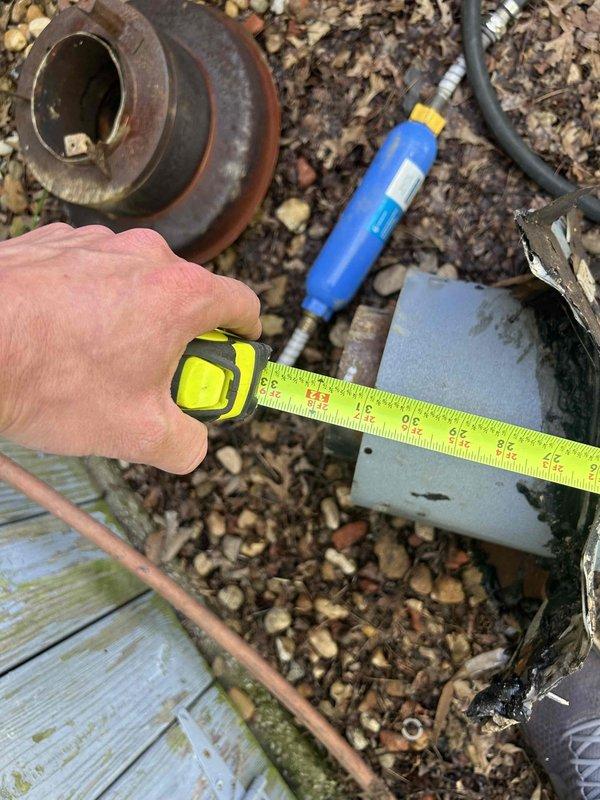 Responded to service call for roof penetration flashing repair around HVAC vent. Customer had previously repaired roof leak but required fabrication of custom storm collar or roof flashing boot that seals vent pipe penetration. Assessed existing roof penetration, took measurements of vent pipe diameter and clearances, and documented site conditions with photos to facilitate proper fabrication of replacement flashing component that was unavailable through standard supply channels.