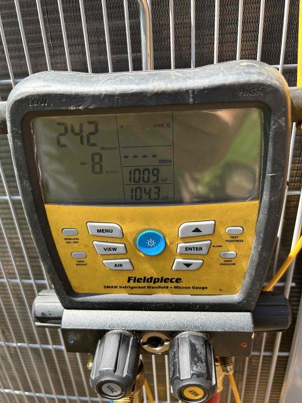 Completed Care Plan tune-up on recently installed AC system with new evaporator coil. Measured return air temperature at 61.5°F using digital thermometer and verified system pressures and performance using refrigerant manifold gauge, recording readings of 242 PSI with subcool/superheat measurements. Furnace location in crawlspace could not be accessed during this visit, and customer will provide filters for future maintenance.