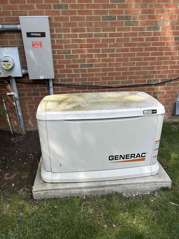 Completed scheduled electrical maintenance on Generac 24kW standby generator, serial number 3013806787. Performed comprehensive system inspection, verified proper operation of all components, and documented equipment condition with photographic records. Noted organic growth accumulation on exterior housing requiring future cleaning attention to maintain optimal ventilation and equipment longevity.