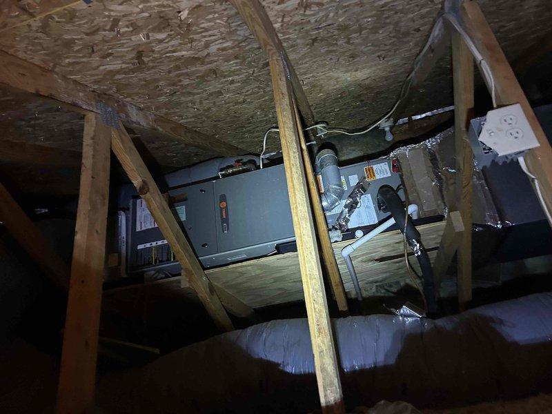Completed preventative maintenance tune-up on heat pump system located in attic as part of club membership care plan. Performed comprehensive system inspection including electrical testing with clamp meter showing proper amperage draw of 0.59A, verified capacitor operation and connections, and inspected all wiring and components for proper operation. Customer provided 16x25x1 filter for unit, all ductwork and electrical connections found secure and functioning within manufacturer specifications.
