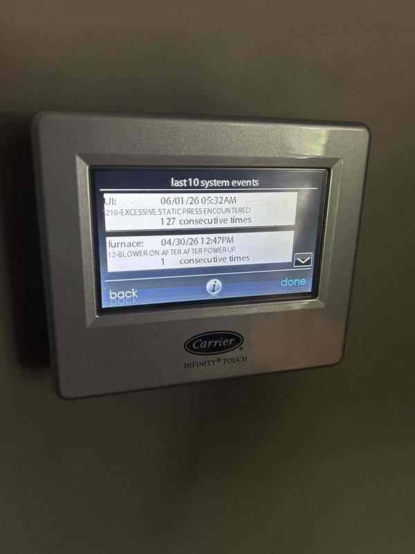 Completed Gold Level prepaid maintenance on a 29-year-old single-system HVAC unit. Upon inspection, the Carrier Infinity Touch thermostat displayed a system events log indicating an E10 excessive static pressure error that had occurred 127 consecutive times, suggesting significant airflow restriction issues. Performed comprehensive maintenance protocol including filter inspection, where a Honeywell Home MERV 8 20x25x4 filter was noted as available for installation. Documented that customer will provide #310 filter for bypass humidifier as part of the maintenance plan.