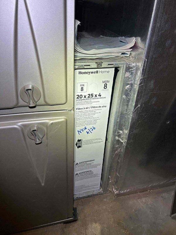 Completed Gold Level prepaid maintenance on a 29-year-old single-system HVAC unit. Upon inspection, the Carrier Infinity Touch thermostat displayed a system events log indicating an E10 excessive static pressure error that had occurred 127 consecutive times, suggesting significant airflow restriction issues. Performed comprehensive maintenance protocol including filter inspection, where a Honeywell Home MERV 8 20x25x4 filter was noted as available for installation. Documented that customer will provide #310 filter for bypass humidifier as part of the maintenance plan.