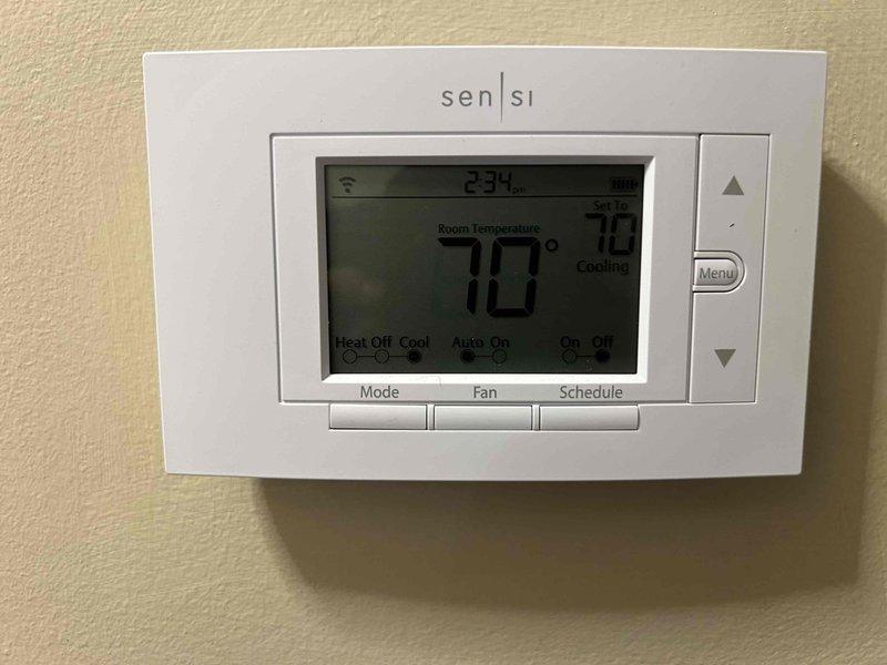Completed scheduled care plan tune-up on gas furnace and air conditioning system located in basement. Performed comprehensive system diagnostics including airflow measurements at supply register, verified proper thermostat operation and temperature control settings, and conducted standard preventive maintenance procedures. System operating within normal parameters with Sensi thermostat displaying accurate temperature readings and proper cooling mode functionality.