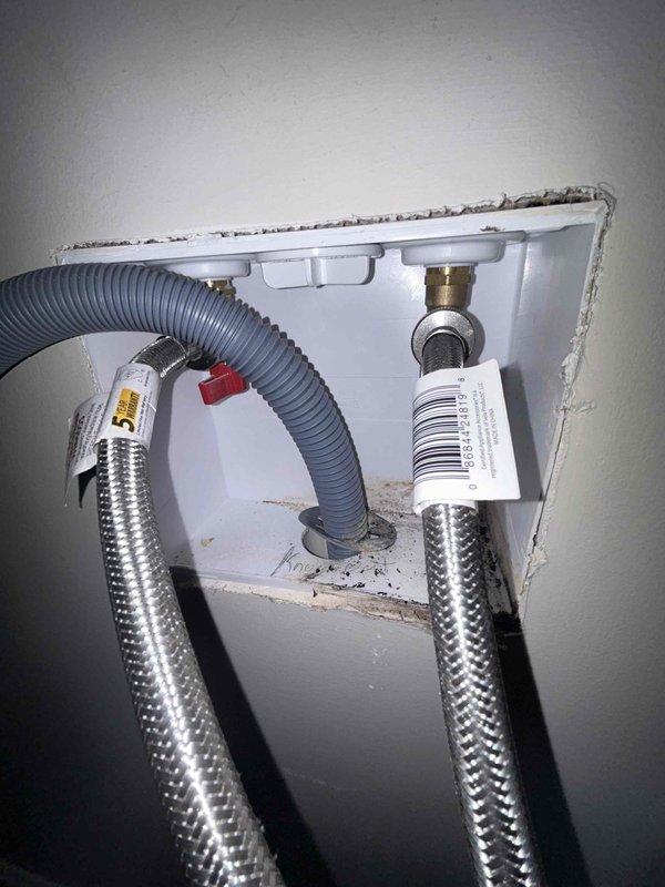 Responded to water leak in basement laundry room where cold water hose bib connection to washing machine was actively leaking. Removed defective hose bib assembly, installed new brass shutoff valve with proper mounting bracket, and connected new braided stainless steel flex supply lines to washing machine. Addressed visible mold growth in affected area and verified all connections were secure with no active leaks upon completion.