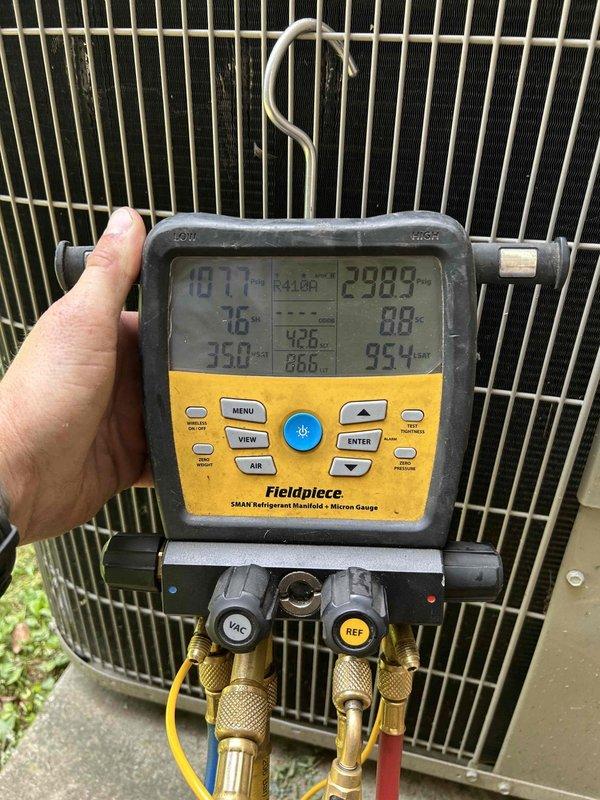 Completed scheduled commercial HVAC maintenance tune-up on two properties under planned service agreement. Performed comprehensive heating and cooling system inspection and maintenance on gas furnace and air conditioning units at office location and night watch house. Replaced 14x25x1 air filter at night watch house facility. Conducted refrigerant pressure and temperature diagnostics using digital manifold gauges, verifying proper system operation and performance parameters across all equipment. All units operating within manufacturer specifications upon completion of preventive maintenance service.
