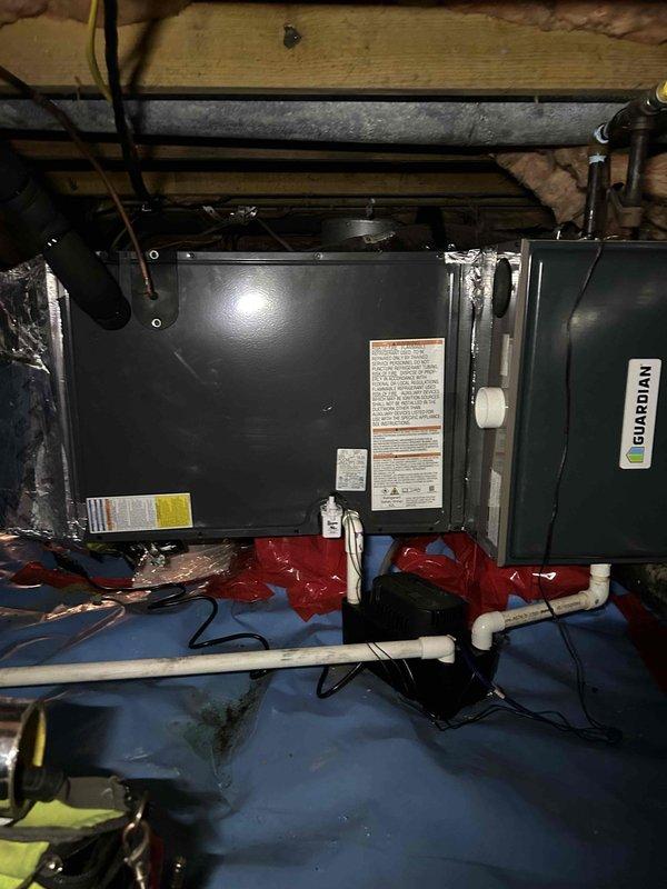 Completed Gold Level prepaid maintenance on single-system residential HVAC unit with air handler located in crawl space accessed through garage. Performed comprehensive inspection of Guardian-branded equipment, flexible metallic ductwork, and associated components including insulated supply lines, PVC condensate drainage, and electrical connections. Customer supplies own 20x20x1 filter for system; verified proper airflow and confirmed all mechanical components operating within manufacturer specifications.