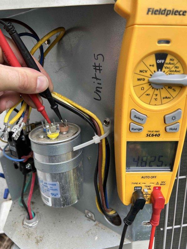 Completed comprehensive fall maintenance tune-up on six commercial HVAC units as part of annual care plan agreement. Performed diagnostic testing on all systems including electrical component verification with digital multimeter on Unit #5 capacitor, applied drain pan treatments to all six units as scheduled, and installed customer-supplied filters in various sizes (10x20x1, 14x20x1, 14x24x1, 16x25x1, and 20x25x2) across three rooftop units and three downstairs units. All systems tested and operating within normal parameters upon completion.