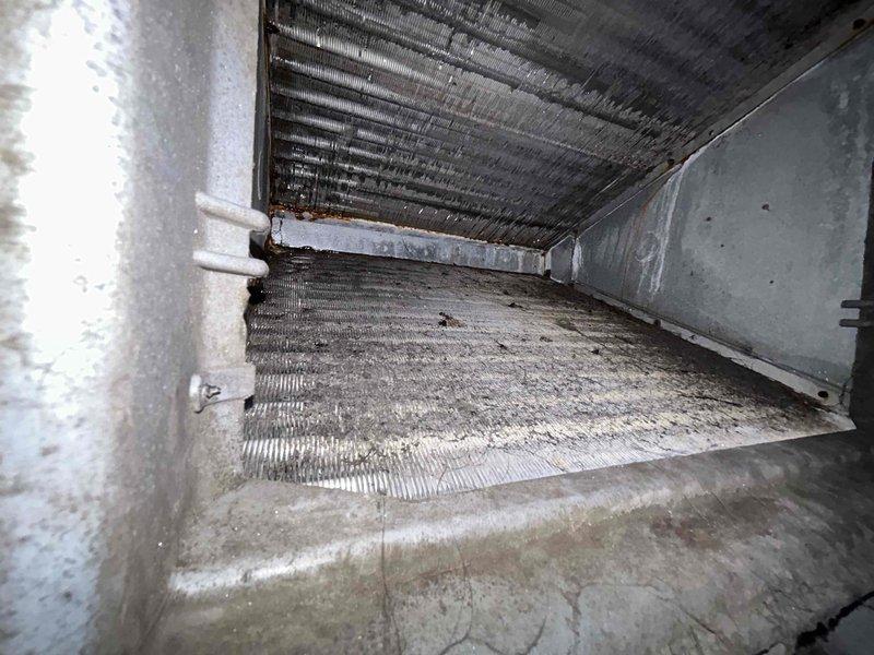 Completed club single maintenance visit on HVAC system over 10 years old with indoor unit located in crawlspace. Performed standard maintenance inspection and conducted thorough ductwork evaluation as requested, examining flexible ductwork runs and interior plenum conditions. Inspected evaporator coil assembly showing normal dust accumulation consistent with system age, flexible duct insulation intact with proper support, and documented current system condition with photos. Installed 20x20x1 air filter and advised of routine maintenance recommendations for ductwork care.