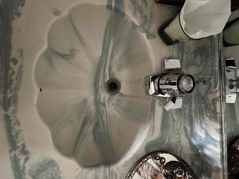 Completed routine plumbing inspection of bathroom fixtures during scheduled maintenance window. Tested water flow and drainage at decorative basin sink with chrome cross-handle faucet, verified proper operation of drain assembly, and documented fixture conditions with no issues identified requiring immediate attention.