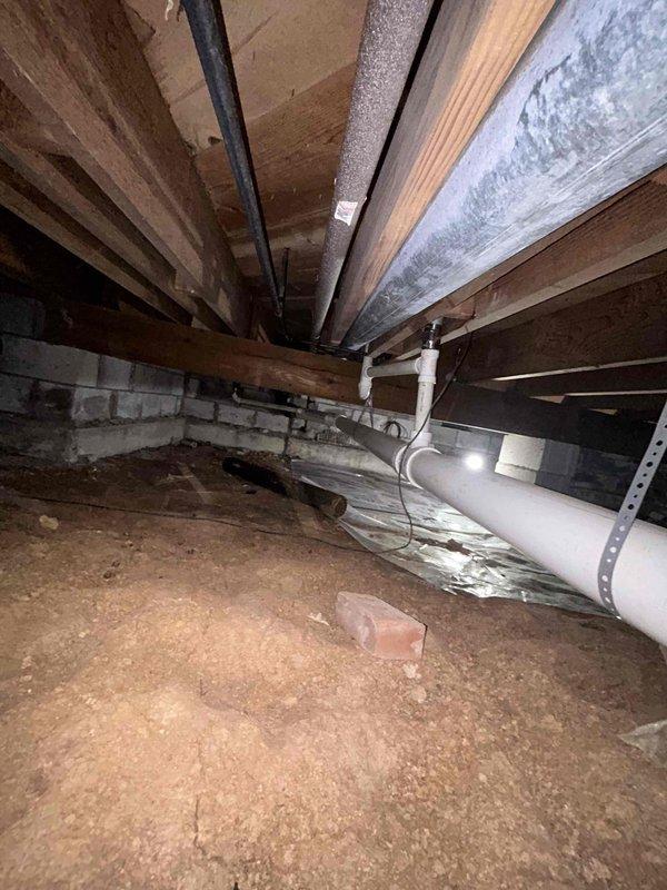 Completed comprehensive 65-point plumbing inspection of residential property without performing flush tests as specified in service agreement. Conducted thorough visual assessment of accessible plumbing systems including crawl space examination of drainage lines, PVC piping infrastructure, and supply line routing beneath structure. Inspected bathroom fixtures, shower assembly, and visible plumbing connections for proper operation and potential issues. Documented all findings with photographic evidence of crawl space plumbing configuration and bathroom fixture conditions for service records.