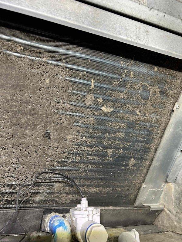 Responded to no cooling complaint on commercial HVAC unit in building 6. Upon inspection, found condenser coils completely blocked with heavy accumulation of dirt, dust, and debris, severely restricting airflow and preventing proper heat exchange. Condenser screen and mesh filters also heavily clogged with sediment buildup. Cleaned condenser coils and removed all debris from unit. Verified proper airflow restoration and system operation. Unit returned to normal cooling capacity.