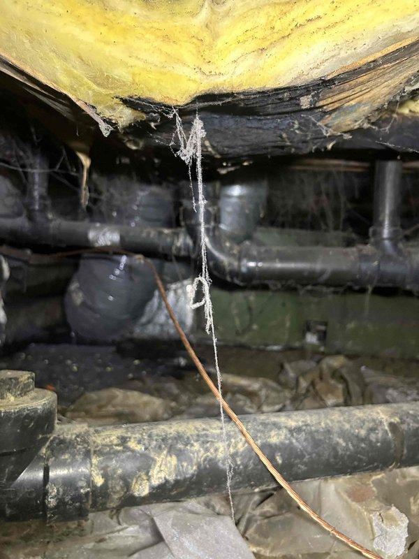 Responded to no cooling complaint on gas furnace/AC system with indoor unit located in hallway. Upon arrival, system was blowing warm air. Performed diagnostic evaluation and discovered heavily soiled return air grille restricting airflow, with return air temperature measuring 72.3°F. Inspected crawlspace area and observed underfloor mechanical components, plumbing infrastructure, and fiberglass insulation between floor joists. Identified compromised airflow as primary cause of inadequate cooling performance. Recommended immediate filter replacement and return grille cleaning to restore proper system operation and airflow requirements.
