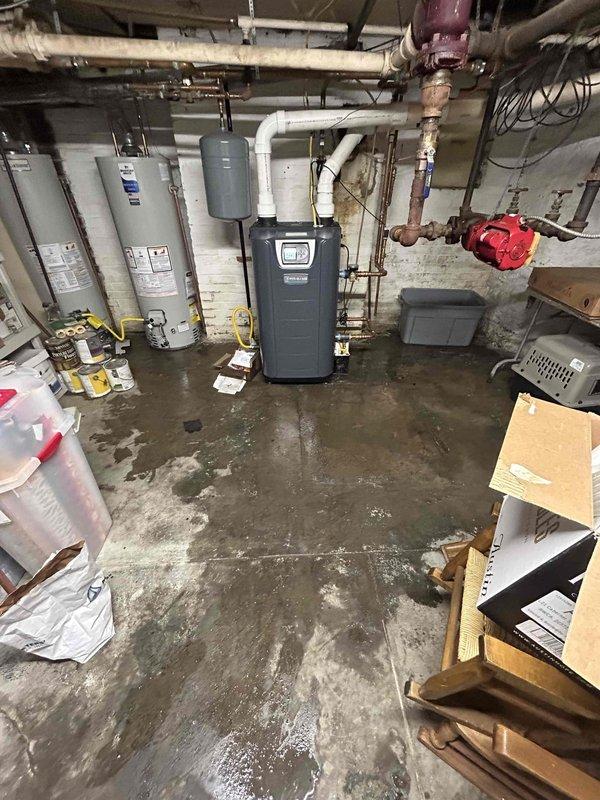 # Tanked Water Heater Service Call

Responded to a no hot water complaint on a tanked water heater less than 10 years old located in the basement. Upon arrival, found significant water accumulation on the concrete floor throughout the mechanical room, with visible staining and moisture indicating an active or recent leak. Inspected two white cylindrical water heaters positioned side by side along with associated plumbing infrastructure including copper supply lines, brass fittings, and overhead piping systems.

Conducted thorough visual assessment of both water heater units, examining tank integrity, connection points, pressure relief valve operation, and all visible plumbing connections. Evaluated the copper piping configuration extending from the water heater tops, checking for corrosion, loose fittings, or signs of failure at junction points. Inspected the condition of the flexible ductwork connections and verified proper installation of all mechanical components in the utility spac