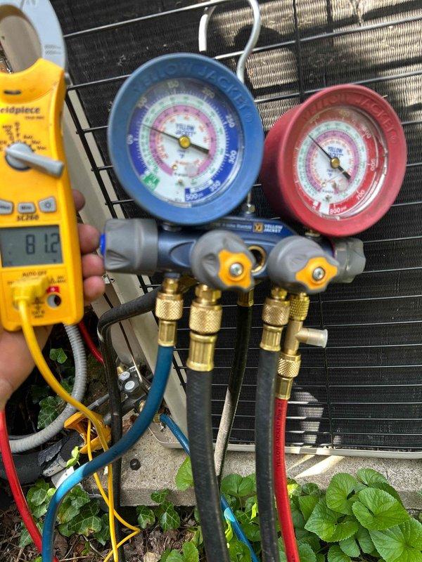 Responded to no cooling call on heat pump system running 3-4 degrees above setpoint. Upon arrival, performed diagnostic testing using manifold gauges and multimeter to assess system performance. Testing revealed low refrigerant charge. Connected recovery equipment and refrigerant scale to system. Added 4 pounds 8.75 ounces of refrigerant to bring system to proper charge level per manufacturer specifications. Verified proper pressures on both high and low sides using gauge set. Tested electrical components and confirmed amperage draw within normal operating range at 8.12 amps. System now cooling properly and maintaining desired temperature setpoint. All equipment operating as designed.
