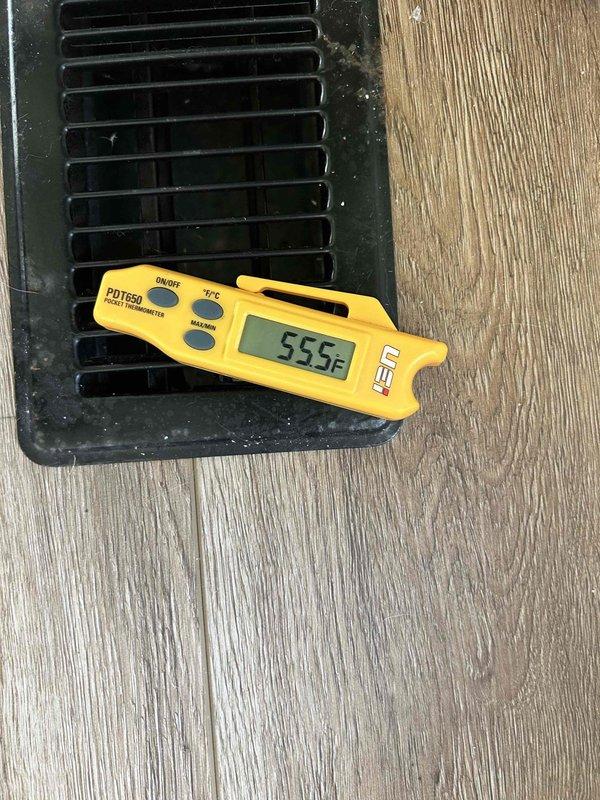 Completed care plan tune-up on geothermal HVAC system located in basement. Performed temperature verification at floor register measuring 55.5°F supply air and conducted pressure testing on system components using calibrated gauges. Customer provided 16x30x2 filter for maintenance service.