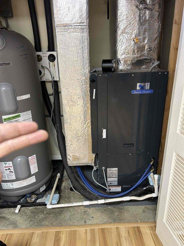 Completed comprehensive Club Trio maintenance service on residential HVAC system including air handler and water heater. Performed full system inspection, filter replacement, coil cleaning, refrigerant level verification, electrical connection testing, and condensate drain line clearing on the air handler unit. Inspected water heater for proper operation, checked temperature and pressure relief valve, examined anode rod condition, and verified all connections and venting. All components found operating within manufacturer specifications with no immediate repairs needed. Documented equipment condition with photographs showing minor age-related corrosion on some metal piping components but overall system integrity remains sound. Customer's care plan maintenance now current for 2024.