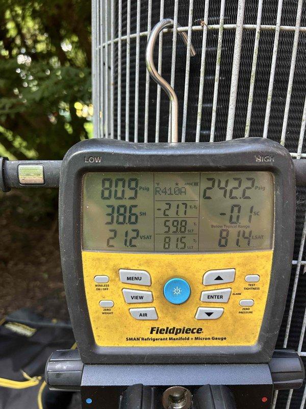 Completed comprehensive maintenance tune-up on single-zone HVAC system consisting of one heat pump condenser unit and one air handler. Performed refrigerant system diagnostics using manifold gauge set, confirming R-410A charge levels with suction pressure at 242.7 psig and discharge pressure at 809 psig. Measured electrical performance at condenser unit using clamp meter, recording amperage draw to verify compressor operation within manufacturer specifications. Installed new 20x30x1 air filter at air handler to maintain proper airflow and system efficiency. All system parameters found to be operating within normal range upon completion of preventive maintenance service.