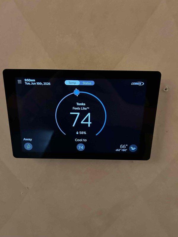 Completed Gold Level prepaid maintenance on single-system residential air conditioning unit with gas furnace located in basement. Performed comprehensive system inspection including thermostat functionality check on Lennox smart thermostat, verified cooling operation and temperature accuracy, and measured electrical amperage draw at blower assembly using clamp meter to confirm proper motor performance. Inspected electrical components including capacitor and control board, verified all wire connections secure, and installed two customer-supplied 14x25x1 air filters to maintain optimal airflow and system efficiency.