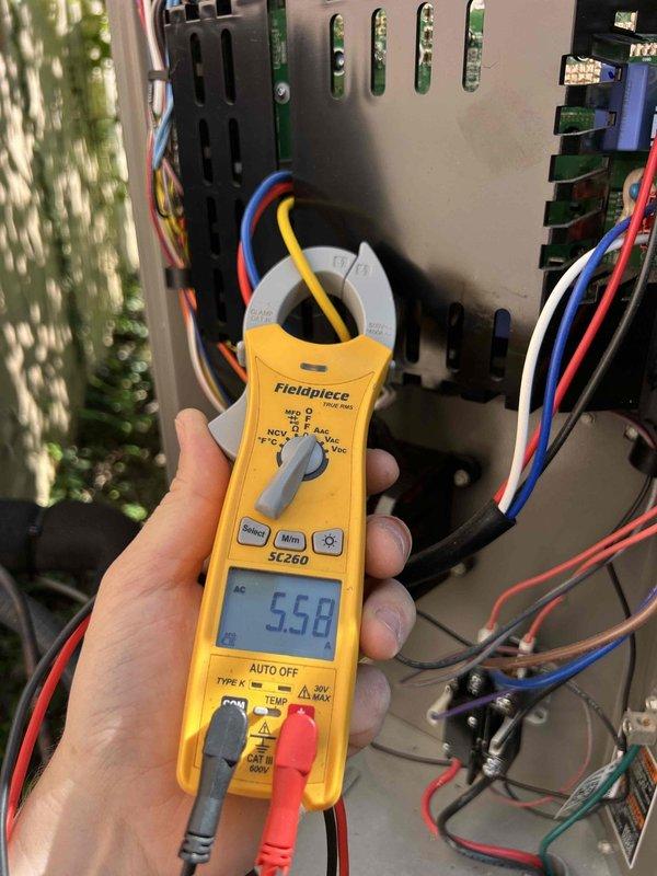 Completed Gold Level prepaid maintenance on single-system residential air conditioning unit with gas furnace located in basement. Performed comprehensive system inspection including thermostat functionality check on Lennox smart thermostat, verified cooling operation and temperature accuracy, and measured electrical amperage draw at blower assembly using clamp meter to confirm proper motor performance. Inspected electrical components including capacitor and control board, verified all wire connections secure, and installed two customer-supplied 14x25x1 air filters to maintain optimal airflow and system efficiency.