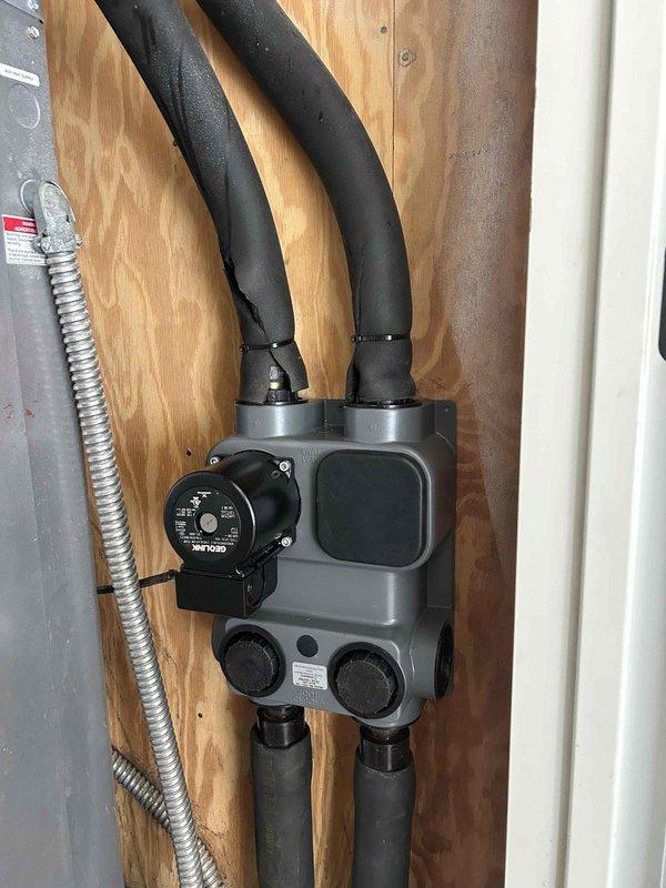 Replaced complete single pump flow center assembly on hydronic heating system. Performed system flush and refill to remove debris and ensure proper operation. Two-person crew required for safe removal and installation of the flow center unit, pump motor, and associated piping connections.