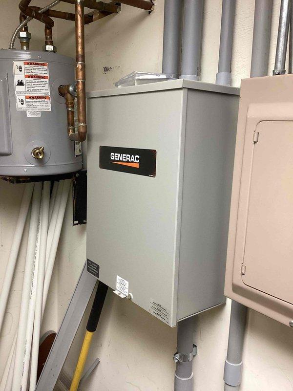 Completed scheduled preventive maintenance on Generac standby generator system. Inspected generator unit, transfer switch, and associated electrical connections in mechanical room. Verified proper operation of all components, checked refrigerant lines and conduit installations for secure mounting, and confirmed system readiness for automatic operation during power outages.