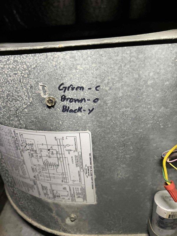 Responded to service call for HVAC system failure. Upon inspection, discovered severely damaged control board with extensive burn damage and charred wiring. The circuit board exhibited significant heat exposure with burn marks concentrated around major components, indicating electrical failure. Removed failed control board and replaced burnt wires, documenting wire color coding (green-C, brown-O, black-Y) for proper reconnection. Installed new control board with correct wiring configuration per manufacturer specifications. Tested system operation following repairs to verify proper functionality and identify any additional issues. Replacement part ordered under PO#191424345-001 and placed on will call at Corken for installation.