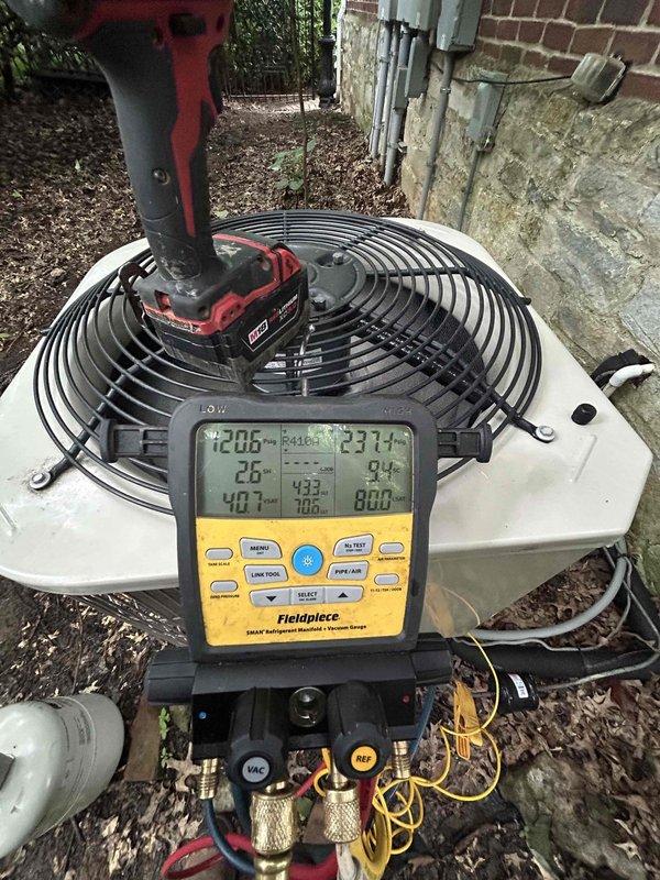Performed comprehensive Club Trio maintenance on multiple HVAC systems including one AC/gas furnace unit, two heat pump/air handler combinations, and one heat pump/gas furnace system located in various zones throughout the property. Conducted complete system diagnostics using calibrated test equipment to verify proper refrigerant pressures, temperatures, and overall system performance on all outdoor condensing units. Inspected all accessible equipment in upstairs and downstairs bedrooms, garage, and crawl space, checking electrical connections, verifying proper airflow, and ensuring all safety controls were functioning correctly across all systems.