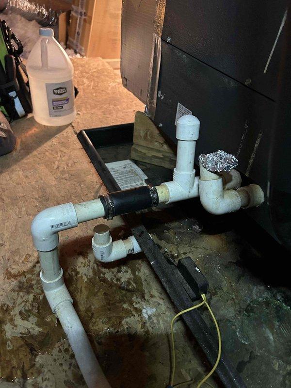 Completed comprehensive Care Plan tune-up on dual heat pump and air handler system, both units located in attic space. Performed full preventive maintenance inspection including electrical component testing, verified dual-run capacitor specifications (40/5 μF, 370V) and operation, inspected all electrical connections and terminals for proper contact and signs of wear, checked condensate drain system and PVC piping configuration for proper flow and clearance. Customer provided filters for installation. Both systems inspected, tested, and confirmed operational within manufacturer specifications.